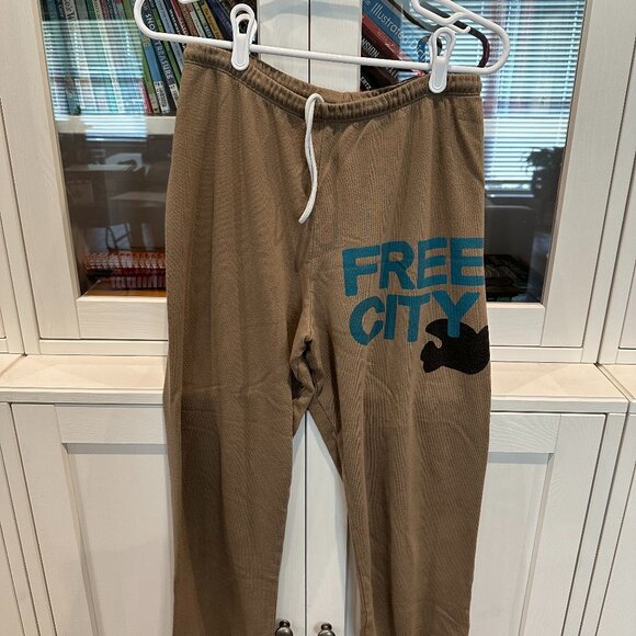 Freecity Tan Track Pants with Blue Logo - Picture 1 of 3